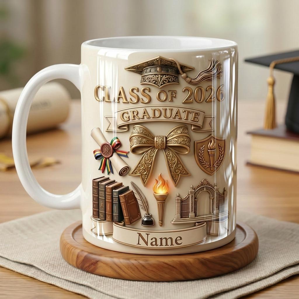 Personalized Graduation 2026 Ceramic Mug, Faux 3D Effect Coffee Cup, Custom College Graduation Gift, Senior Keepsake Mug