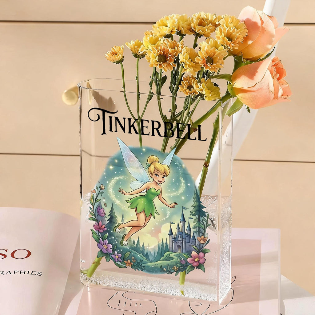 Tinkerbell Book Vase, Fairy Castle Acrylic Vase, Whimsical Bookish Decor, Clear Book Shaped Flower Vase, Fantasy Gift for Book Lover