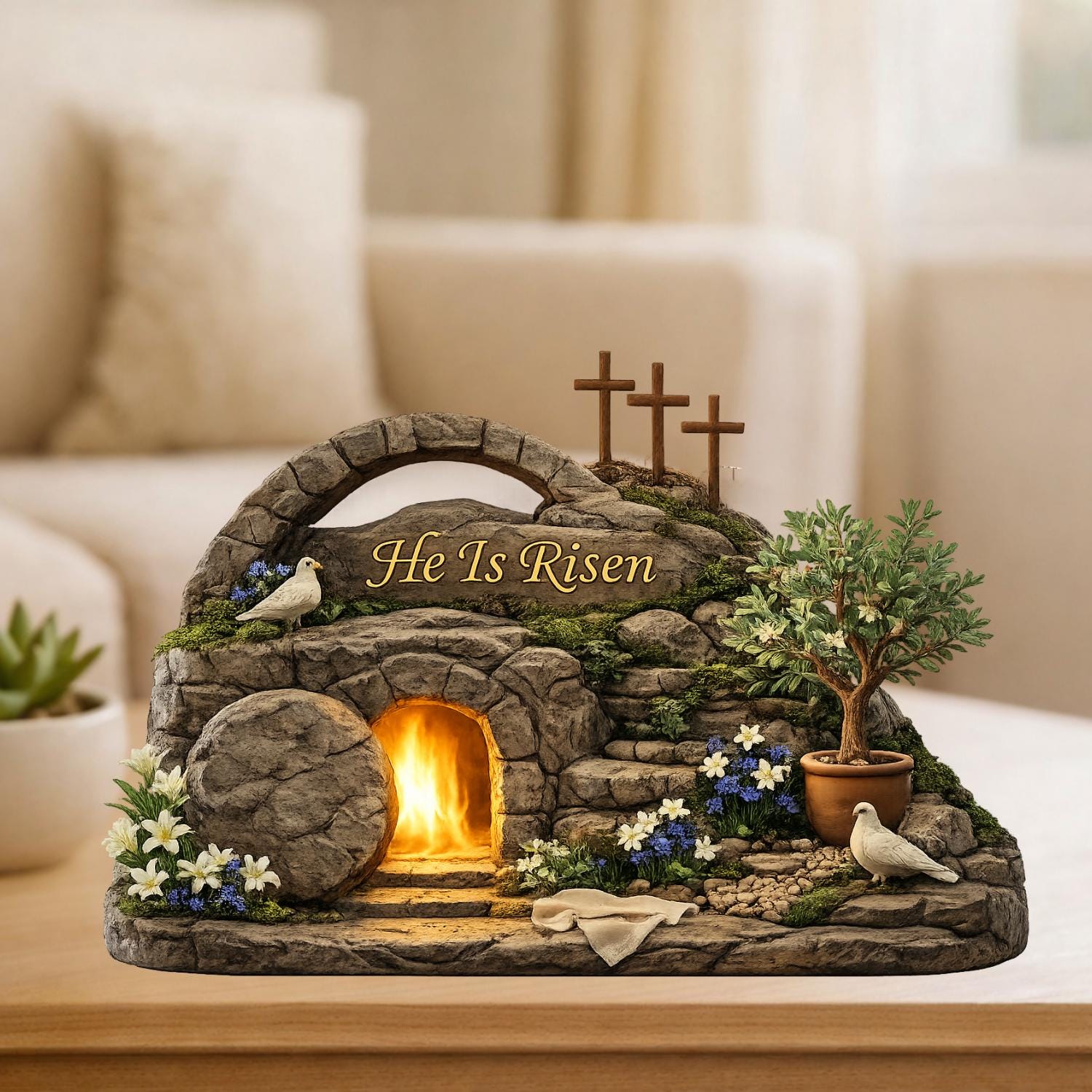 Easter He is Risen Lighted Tomb Diorama Wooden Block, Christian Spring Table Decor, Religious Centerpiece for Easter, Faith Home Decor Gift