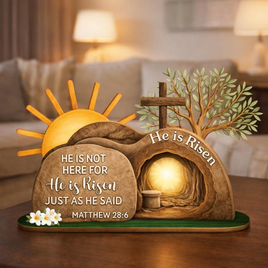 He is Risen Wooden Standing, Easter Resurrection Scene Sign, Christian Empty Tomb Tabletop Display, Easter Faith Gift, Bible Verse Art