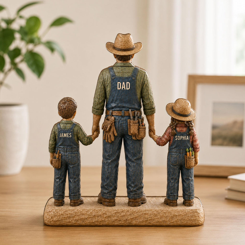 Personalized Farmer Dad Wooden Block, Custom Dad With Kids Wooden Block, Father’s Day Gift for Farmer Dad, Dad Keepsake Gift