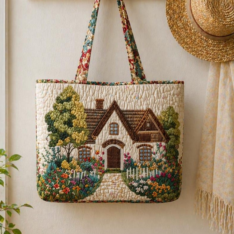 Cottage Garden Quilted Tote Bag, Embroidered House Floral Handbag, Cottagecore Aesthetic Fabric Tote, Vintage Style Gift for Mom