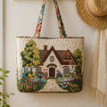 Cottage Garden Quilted Tote Bag, Embroidered House Floral Handbag, Cottagecore Aesthetic Fabric Tote, Vintage Style Gift for Mom. TBPETAL35