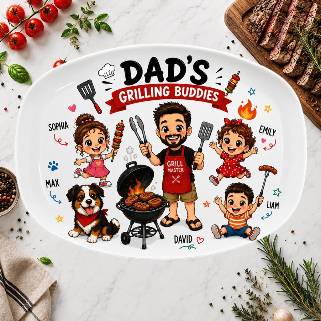 Personalized Dad's Grilling Buddies Plate, Custom Photo Cartoon Character Plate, Father's Day BBQ Gift, Grill Master Dad Platter