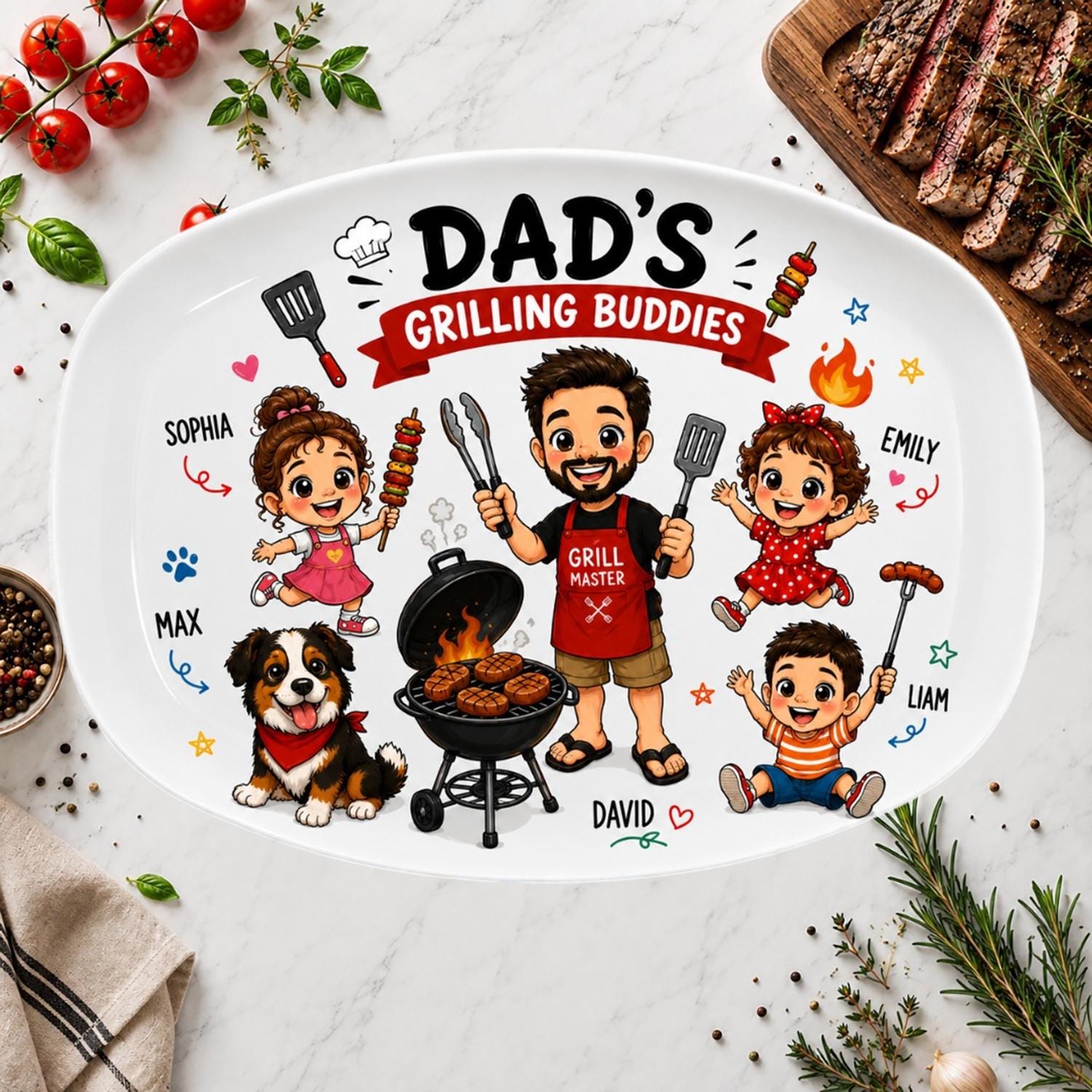 Personalized Dad's Grilling Buddies Plate, Custom Photo Cartoon Character Plate, Father's Day BBQ Gift, Grill Master Dad Platter