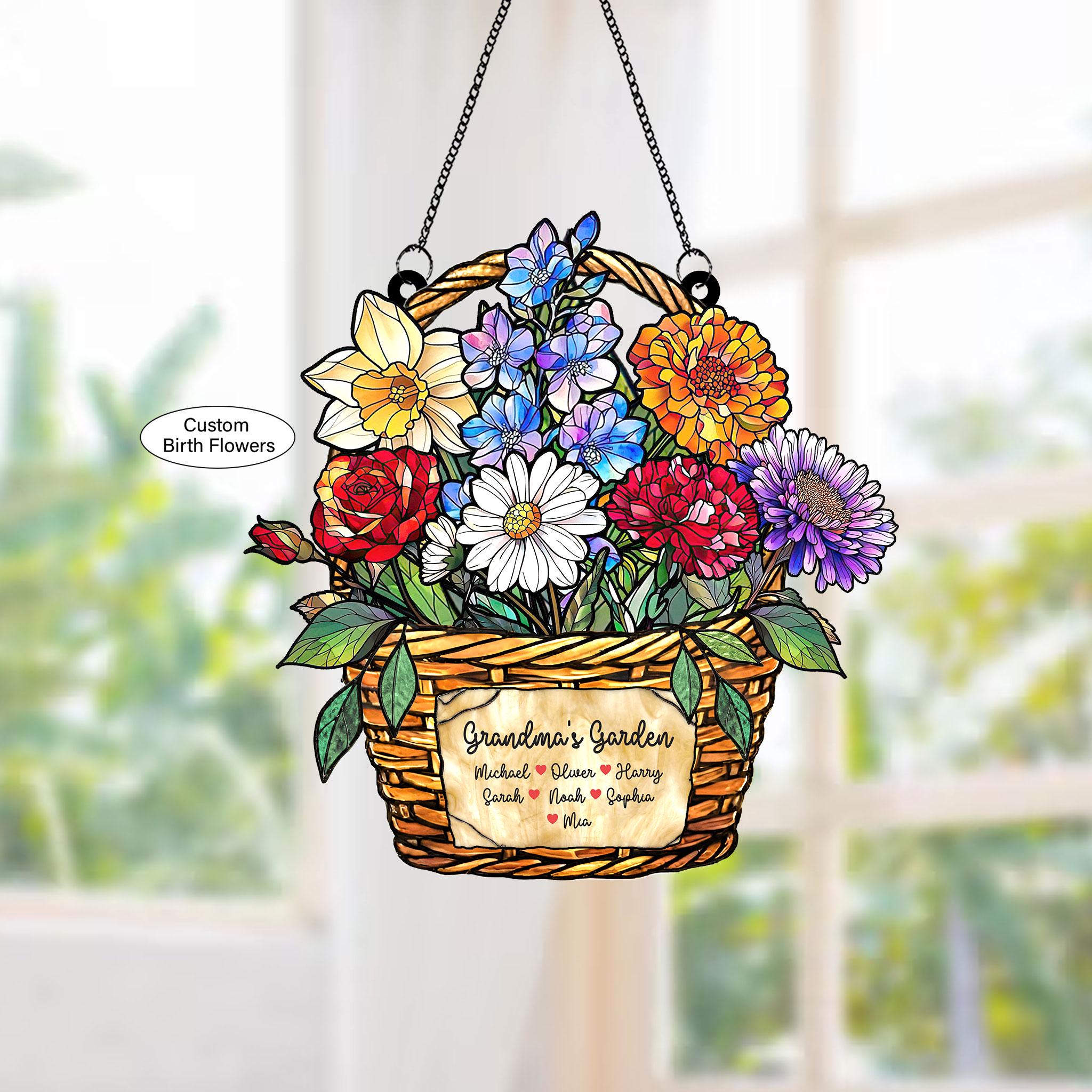 Personalized Birth Month Flower Stained Glass, Grandma's Garden Suncatcher Acrylic Window Hanging, Mothers Day Gift, Grandma Gift, Mom Gifts