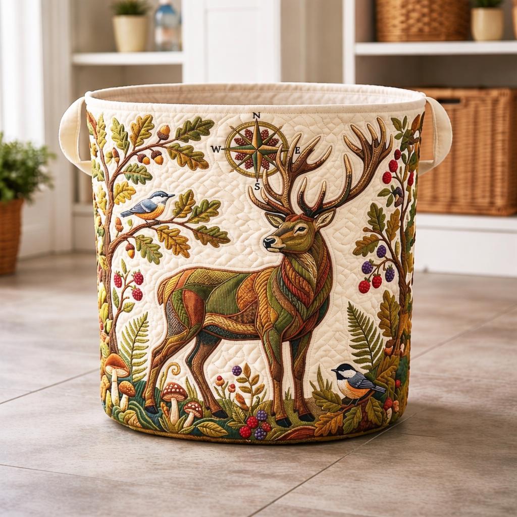 Quilted Laundry Basket Woodland Deer Design, Foldable Fabric Hamper, Rustic Home Decor, Nursery Storage Bin, Gift for Nature Lovers