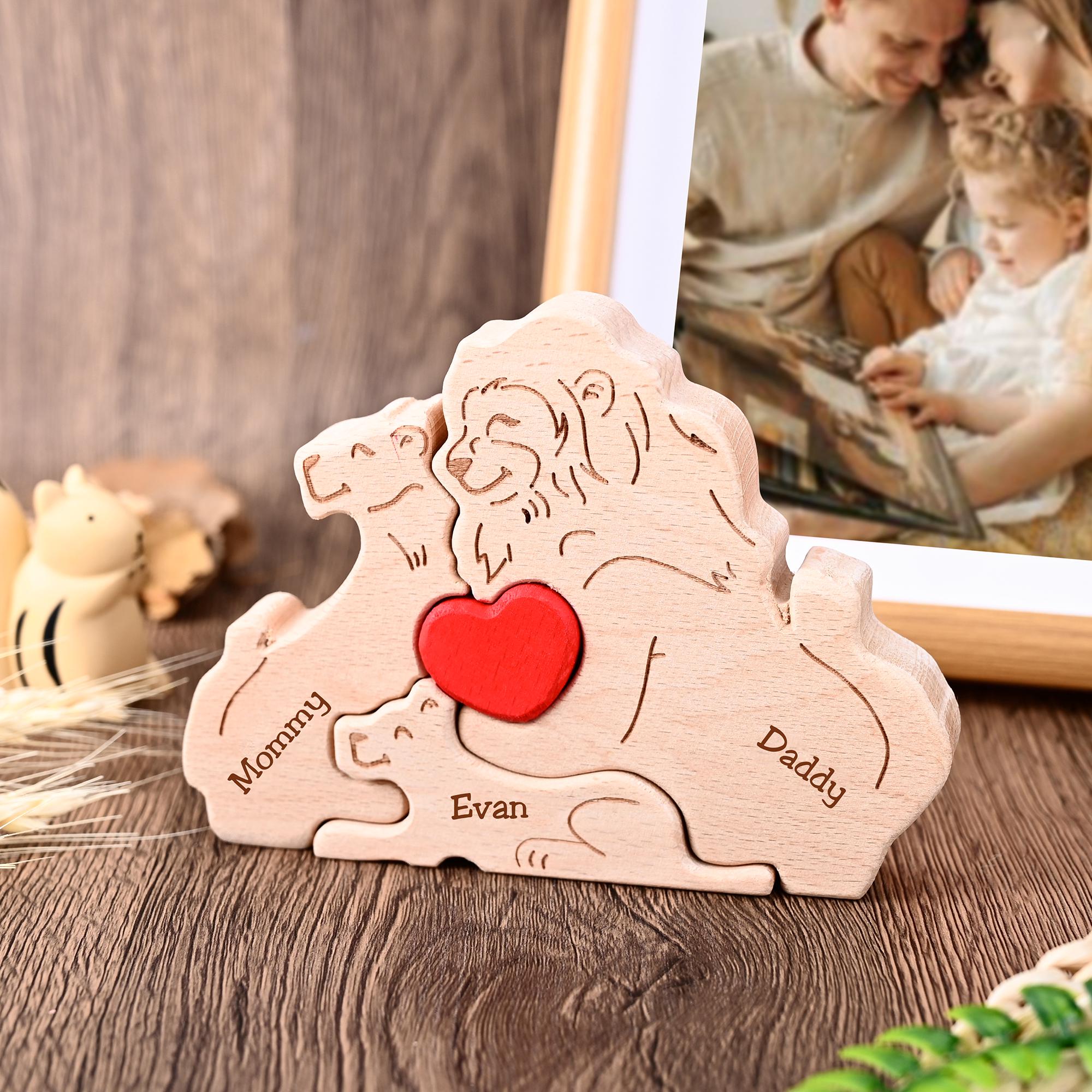 Wooden Lion Family Puzzle, Family Name Engraved Puzzle, Gift for New Parents, Lion Home Decor, Christmas Family Gift for Mom Dad Grandma