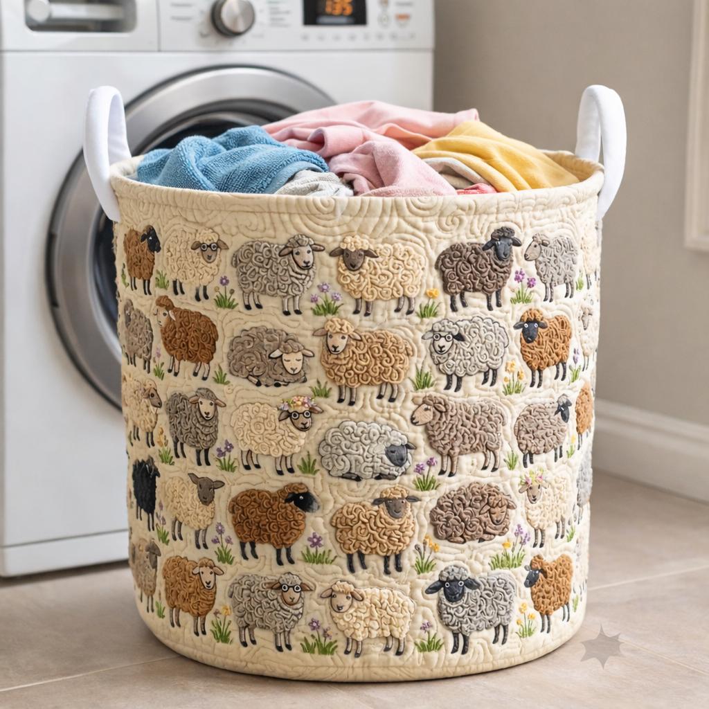 Sheep Quilted Laundry Basket, Cute Farm Animal Hamper, Foldable Storage Bin, Nursery Decor, Cottagecore Home Organizer Gift