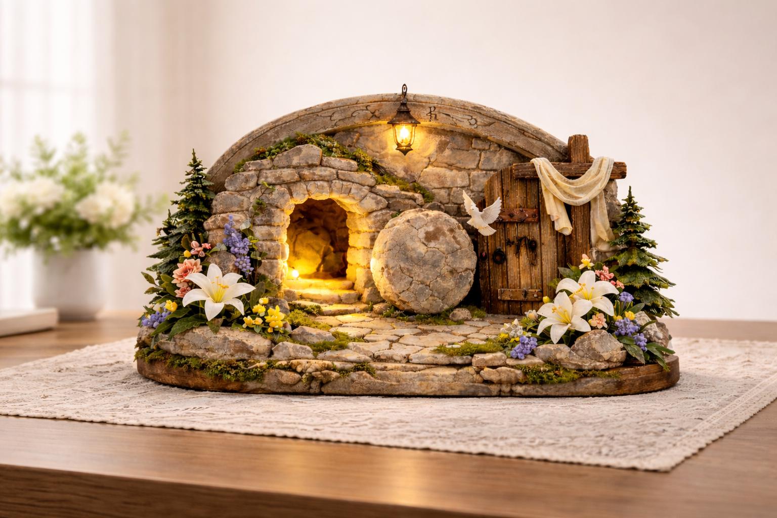 Easter Resurrection Tomb Wooden Block, Christian Tabletop Decor, Empty Grave Scene, Religious Home Easter Decoration