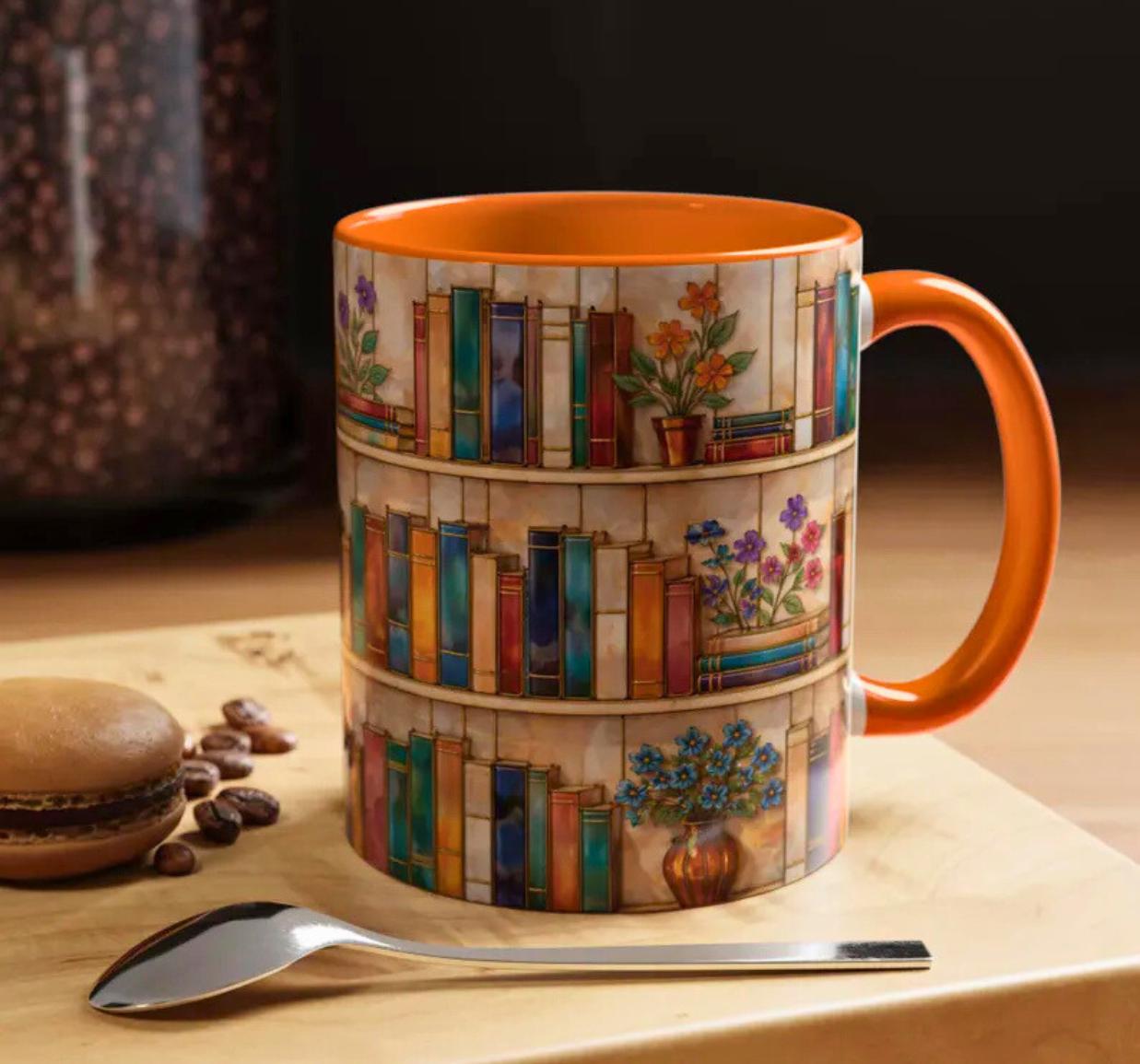 Bookshelf Coffee Mug, Floral Book Lover Gift, Bookish Stained-glass Style Mug, Modern Ceramic Mug – Elevate Your Coffee Time