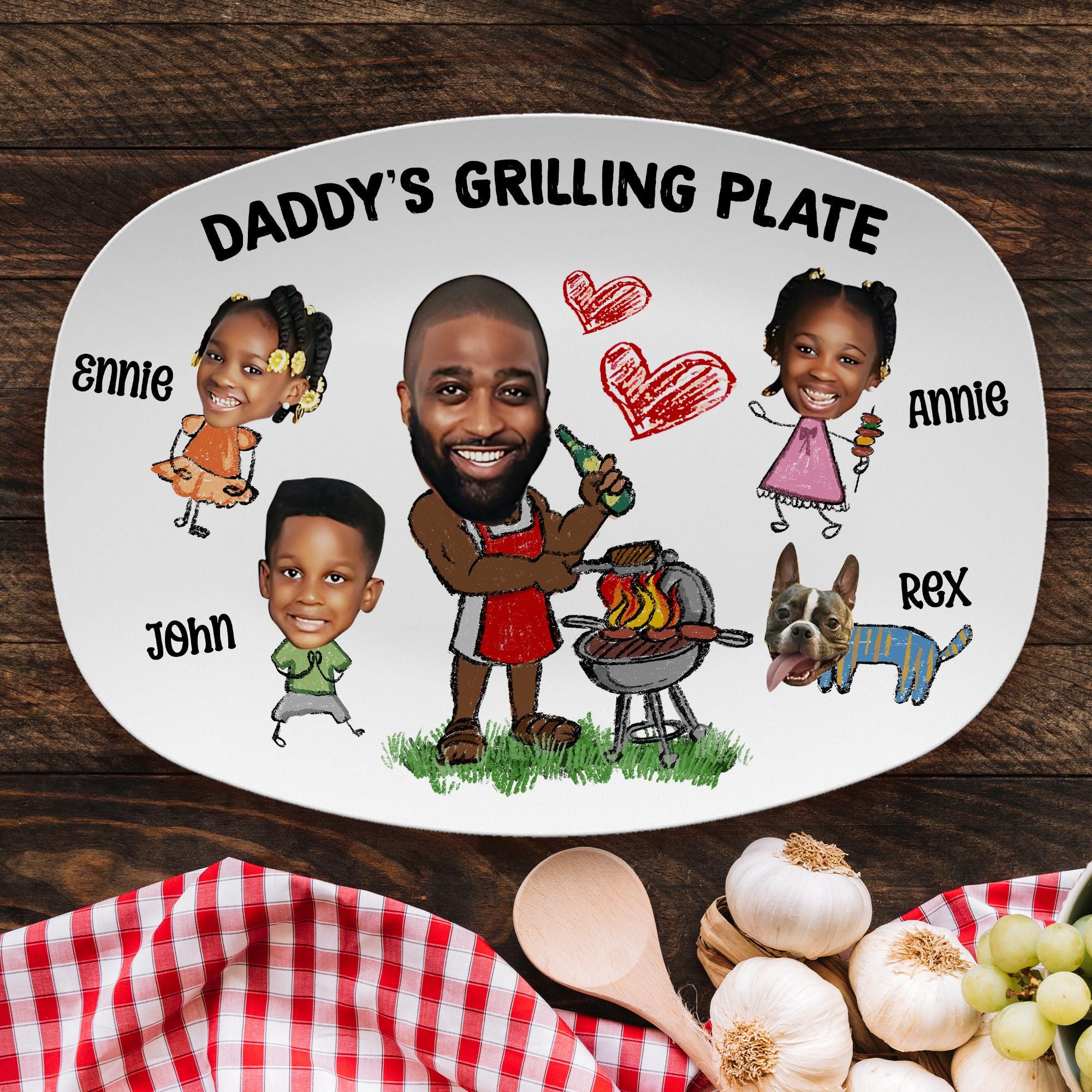 Personalized Daddy's Grilling Plate Gift - Custom BBQ Platter for Dad, Father's Day Present, Dad’s Grill Plate With Kids Names & Face