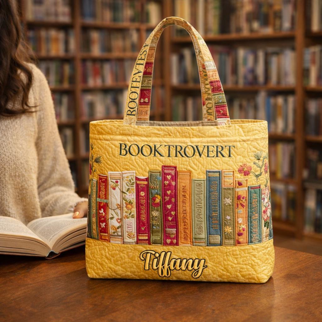 Custom Name Booktrovert Quilted Tote Bag, Personalized Book Lover Gift, Aesthetic Reader Shoulder Bag, Library Tote, Bibliophile Gift
