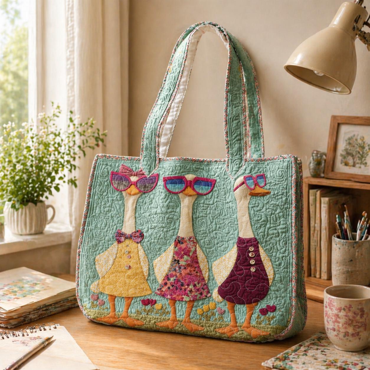 Personalized Goose Quilted Tote Bag – Custom Name Shoulder Bag, Cute Goose Lover Market Tote, Farm Animal Gift for Women