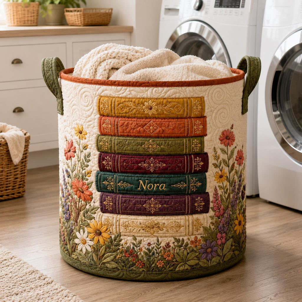 Personalized Book Stack Laundry Basket, Quilted Floral Hamper, Custom Name Storage Bin, Book Lover Room Organizer