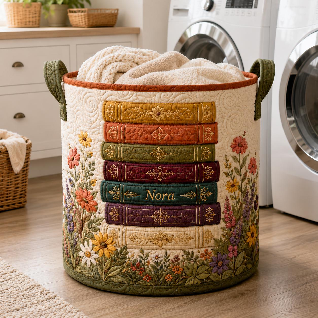 Personalized Book Stack Laundry Basket, Quilted Floral Hamper, Custom Name Storage Bin, Book Lover Room Organizer