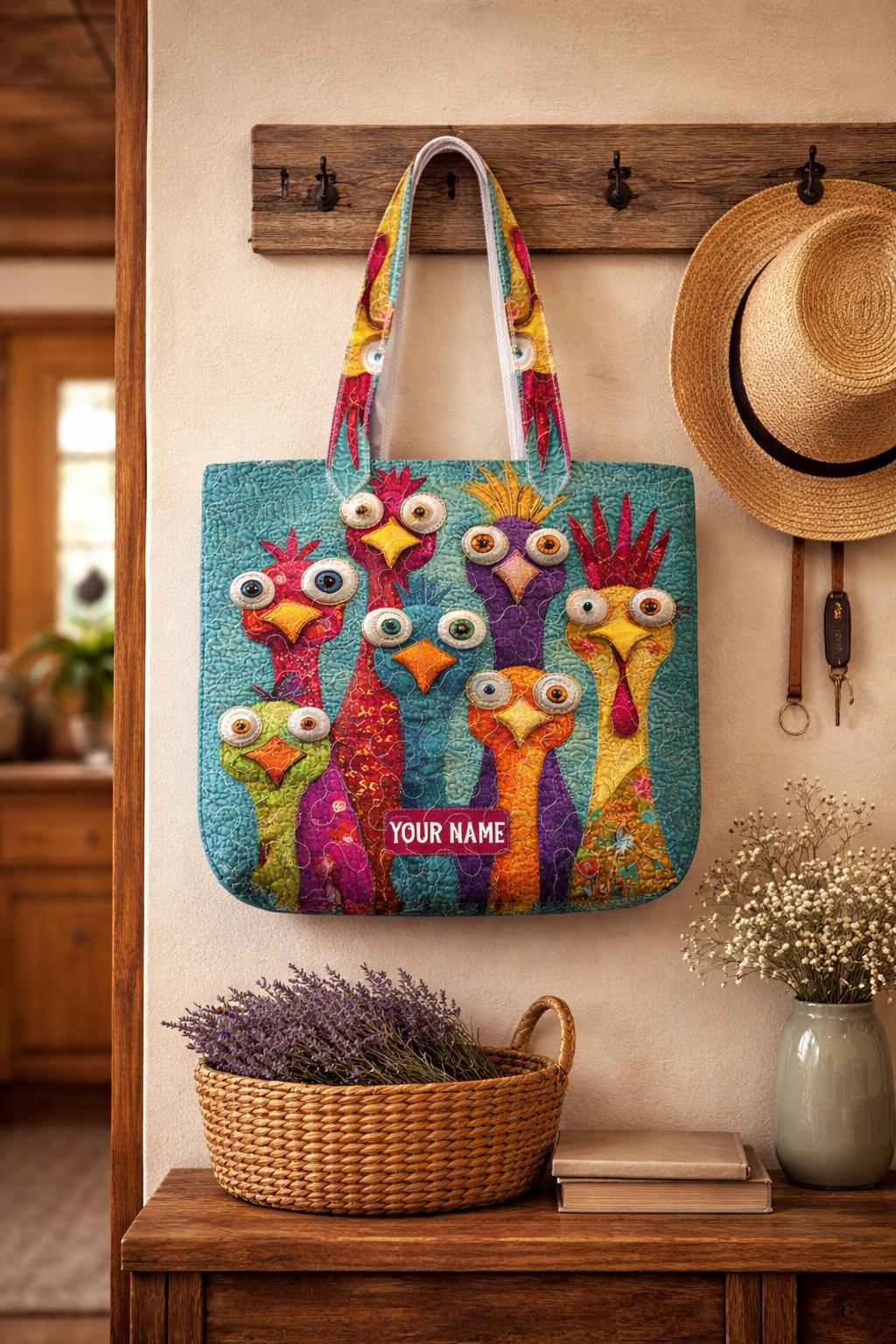 Chicken Quilt Tote Bag, Colorful Patchwork Chicken Purse, Quilted Farmhouse Tote, Chicken Lover Gift