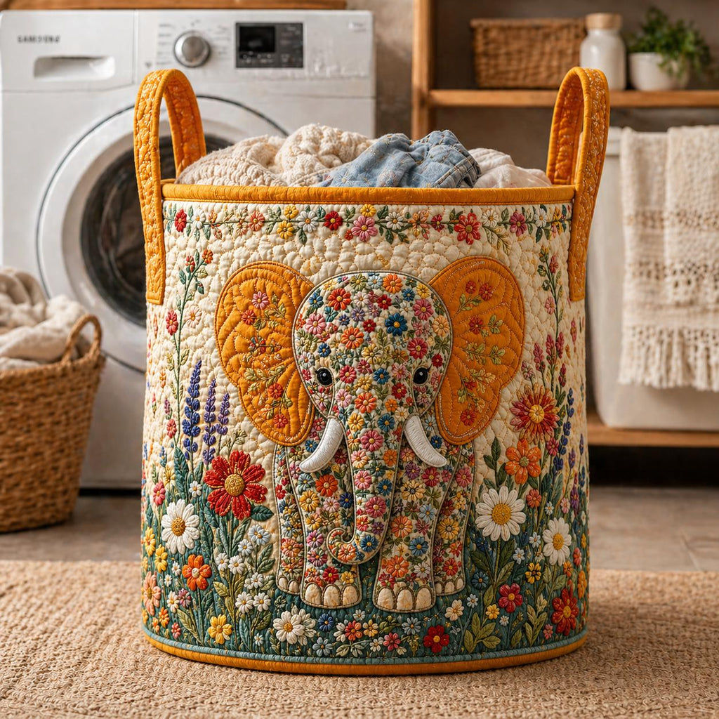 Quilted Fabric Elephant Basket, Floral Embroidery Storage Bin, Boho Handmade Laundry Basket, Applique Patchwork Organizer, Home Decor Gift