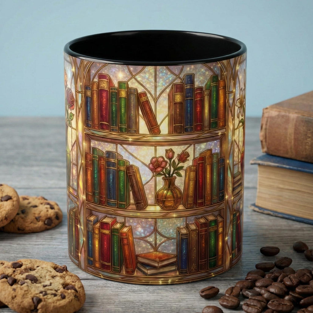 Stained Glass Books Mug, Book Lover Coffee Mug, Cozy Library Mug, Bookish Gift for Readers, Dark Academia Mug, Floral Bookshelf Cup, Cute Character Mug – Fun Design for Daily Use