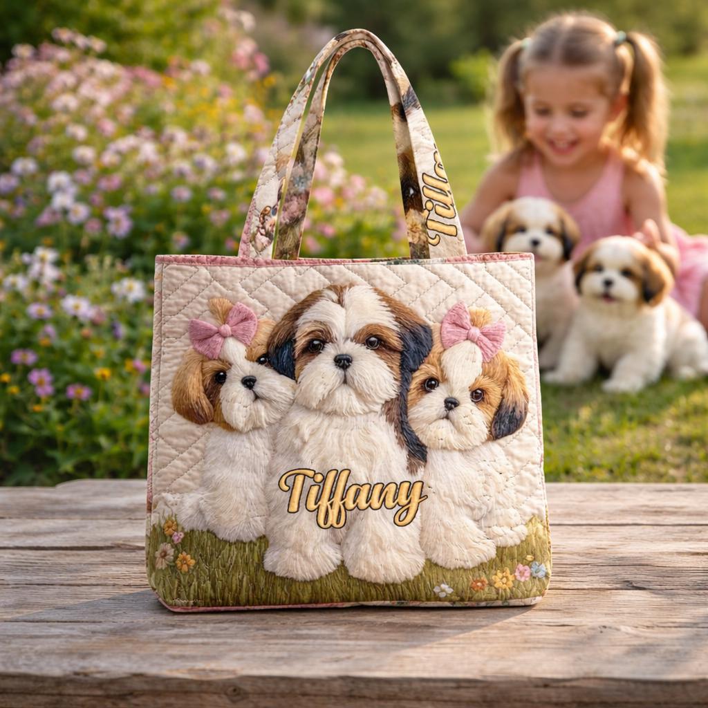Personalized Shih Tzu Quilted Tote Bag, Custom Dog Lover Shoulder Bag, Cute Puppy Tote, Reusable Grocery Bag, Gift for Shih Tzu Mom
