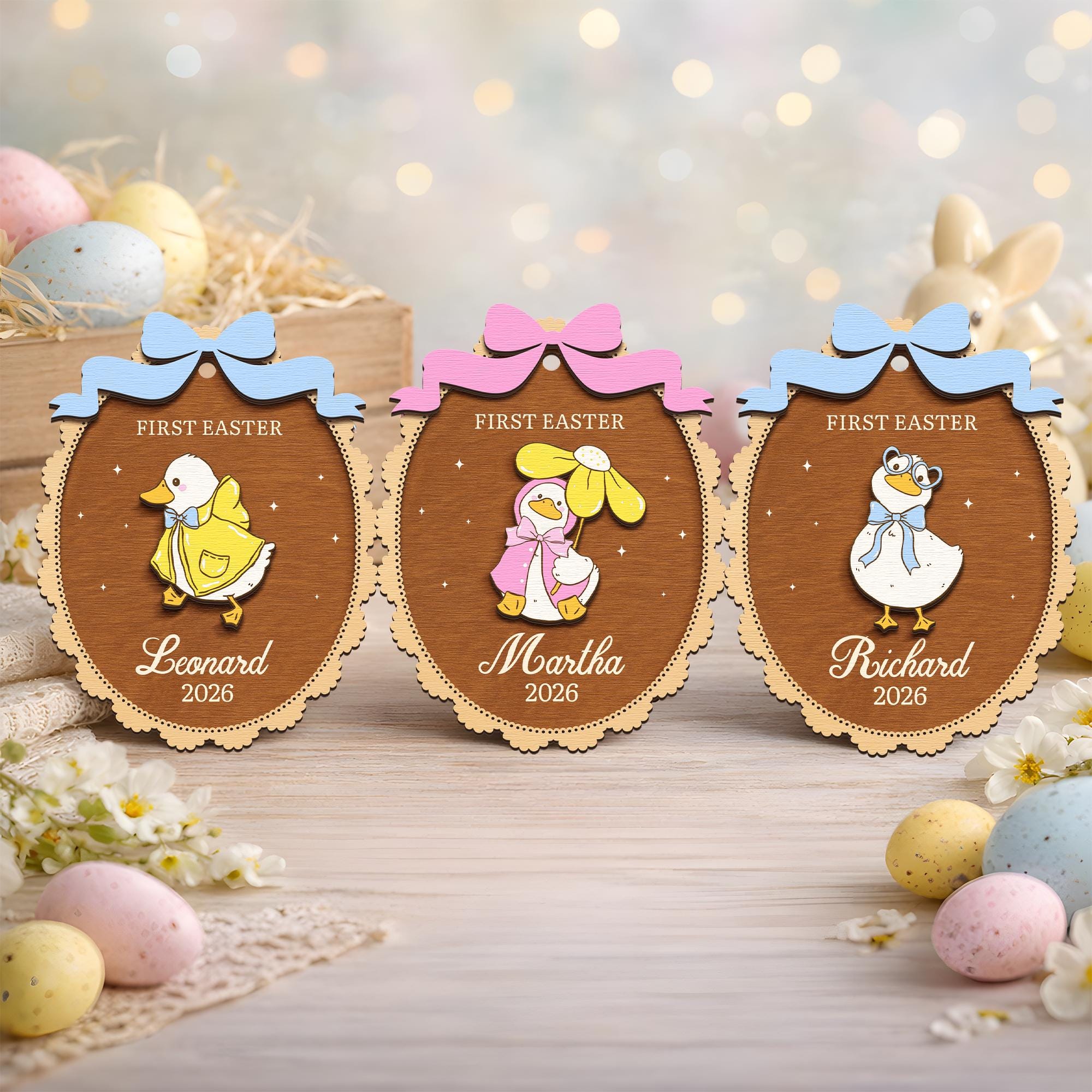Personalized First Easter Basket Tag – Custom Duck Wooden Name Tag for Baby