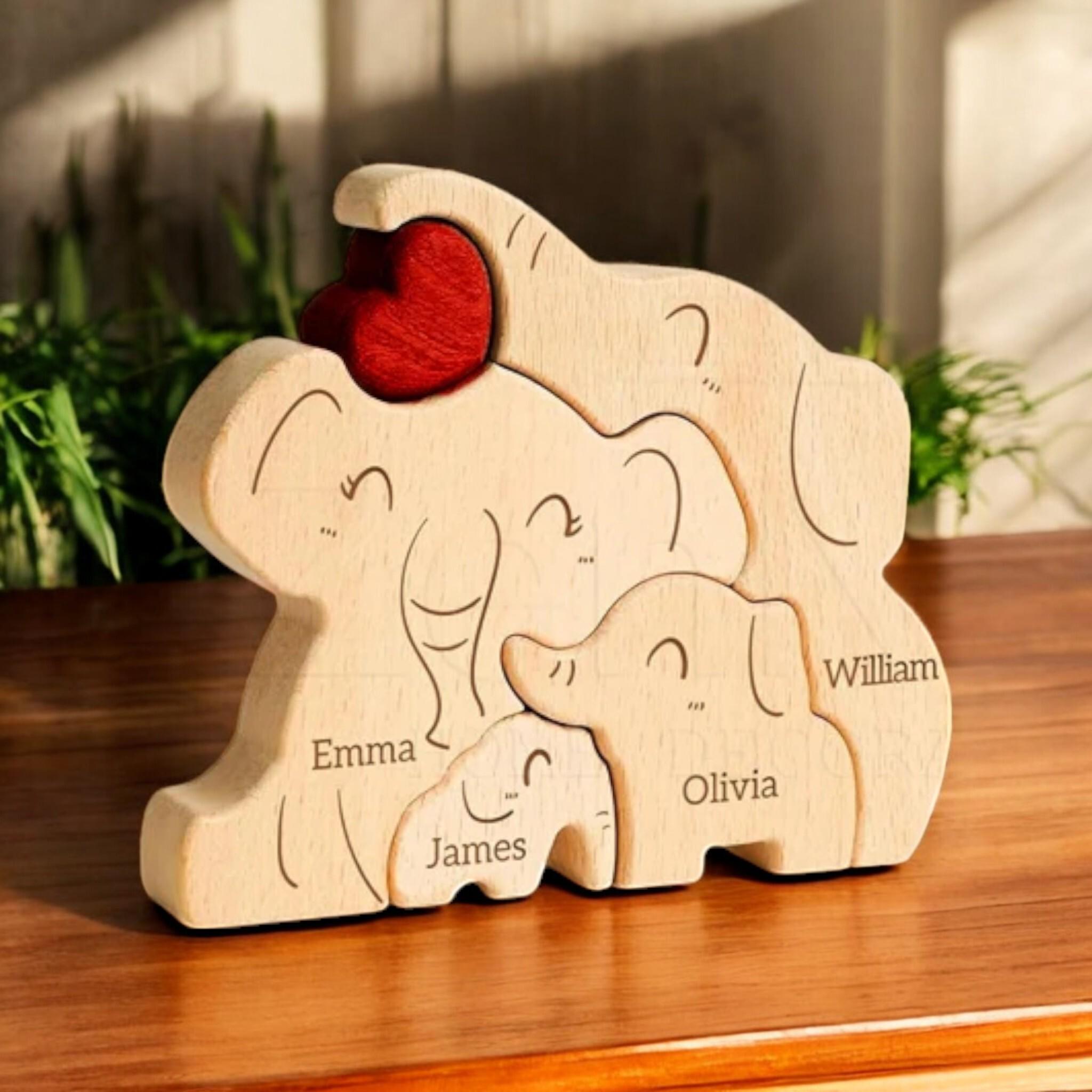 Personalised Wooden Elephant Family Ornament _ Custom Engraved Figurines _ Family Keepsake Gift for Mum, New Parents, Adoption or Baby Decor