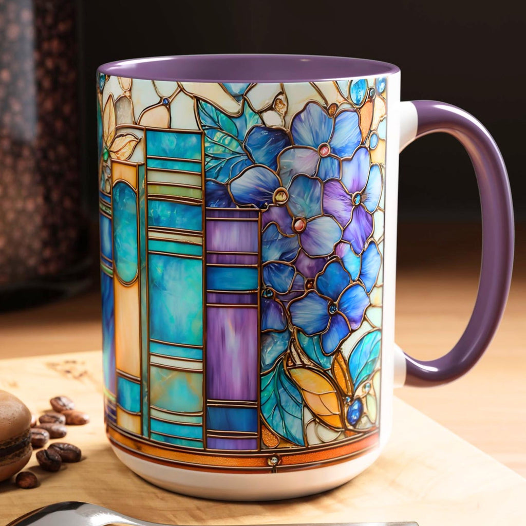 Floral Bookshelf Coffee Mug_ Faux Stained Glass Ceramic Bookish Cup Ceramic Drinkware Book Lovers