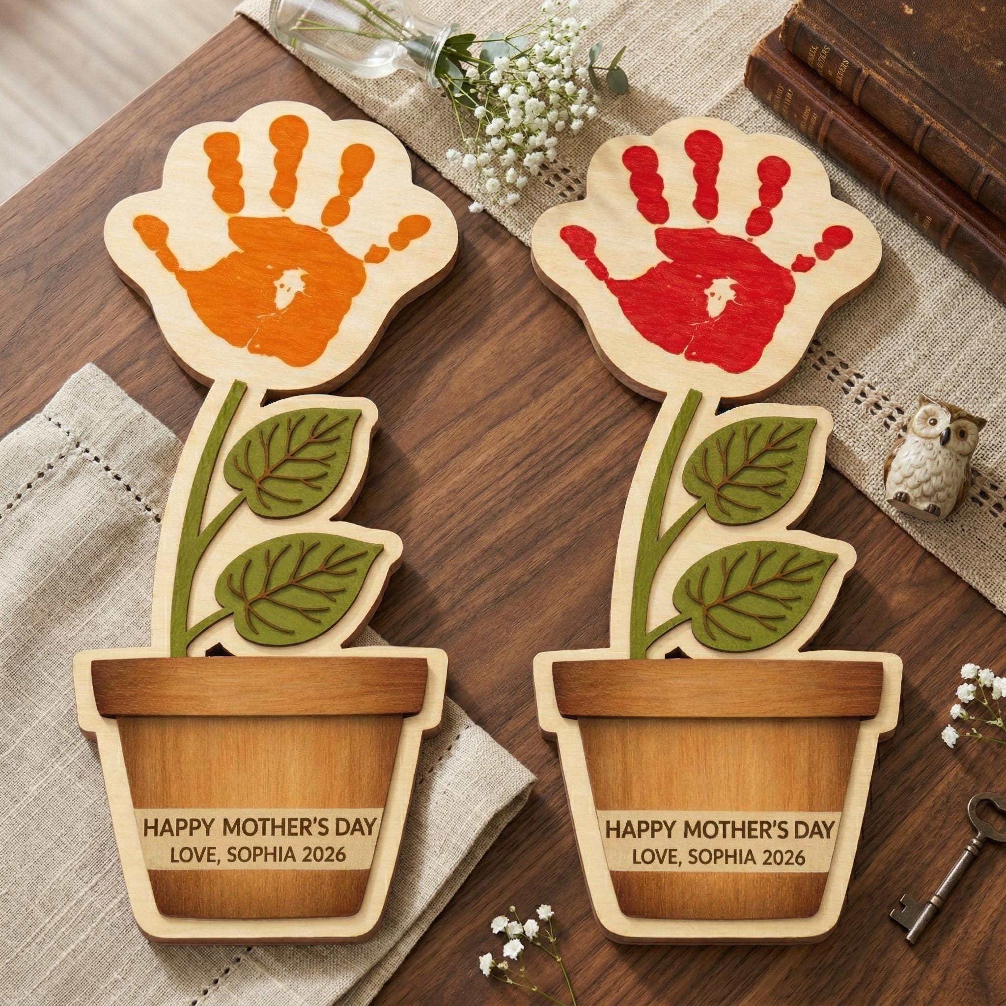 Personalised Mother's Day Flower Handprint, Baby's First Mother's Day Handprint Art, Gift for New Mom, Wooden Keepsake Mother’s Day Gift