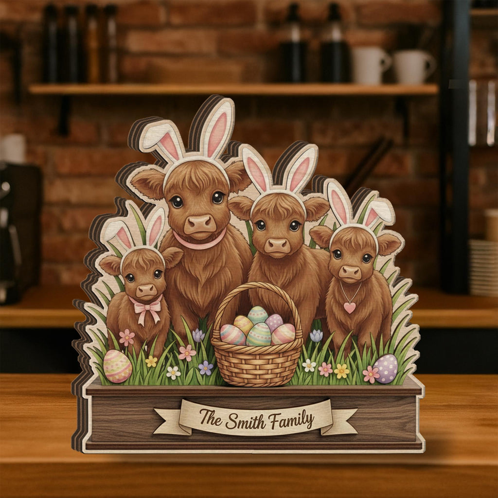 Personalized Wooden Block Easter Highland Cow Decor, Layered Bunny Farmhouse Sign