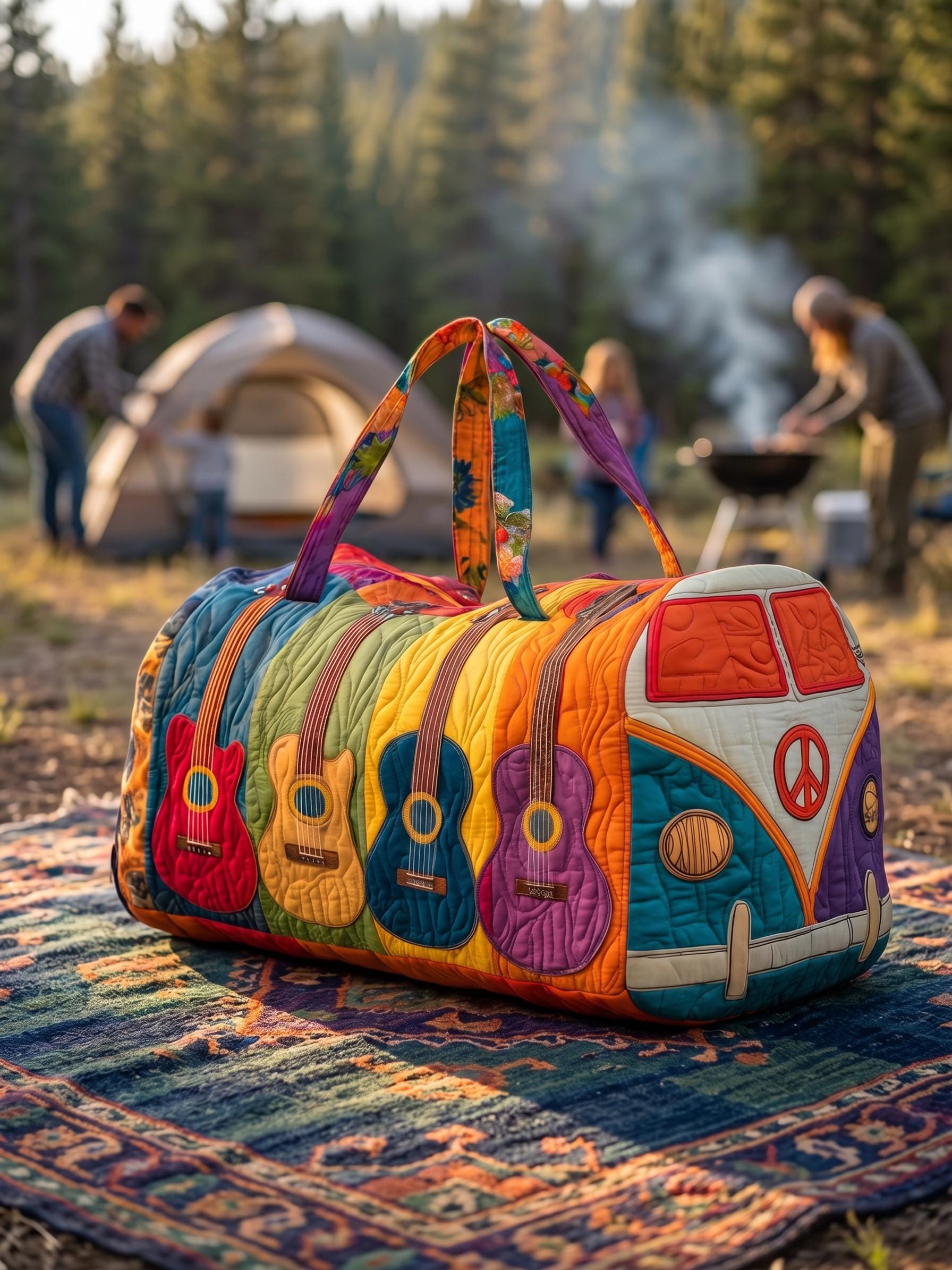 Guitar Quilted Duffle Bag, Retro Boho Music Lover Weekender Bag, Musician Travel Tote, Overnight Bag, Guitar Player Gift