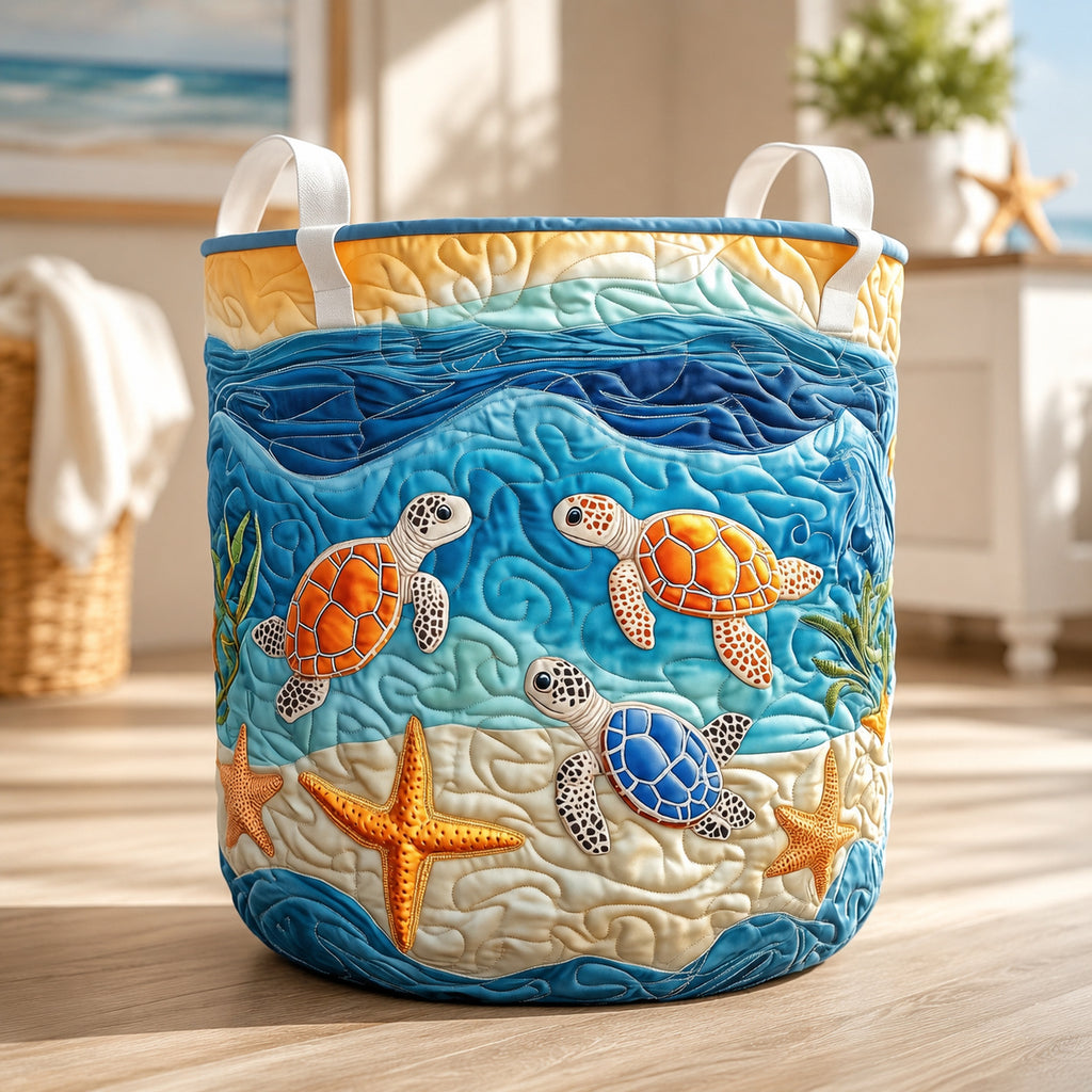 Sea Print Quilted Laundry Basket, Large Foldable Clothes Hamper with Handles, Coastal Fabric Storage Bin for Bedroom Bathroom Decor