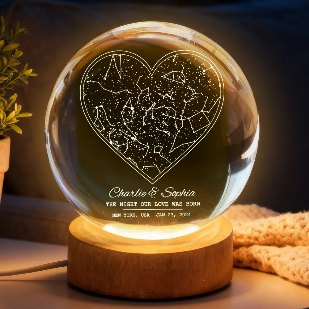 Star Map By Date Couple - Personalized Crystal Ball LED Night Light, Personalized Magical Gift for Her/Him Birthday, Anniversary Memorial Keepsake Night Lamp Decor