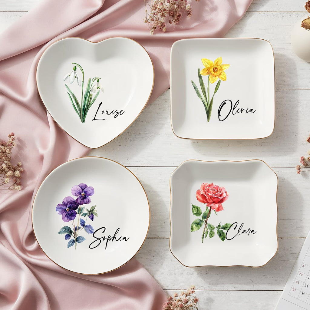 Personalized Birth Flower Trinket Dish, Custom Watercolor Flower Ring Dish, Wedding Bridesmaid Gift, Birthday Jewelry Dish, Christmas Gifts