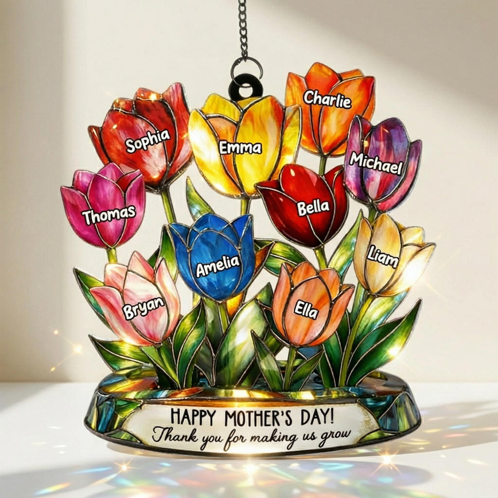 Personalized Tulip Glass Suncatcher, Custom Tulip Family Window Hanging, Gift for Mom, Mother’s Day Gift, Custom Names Flower Decor