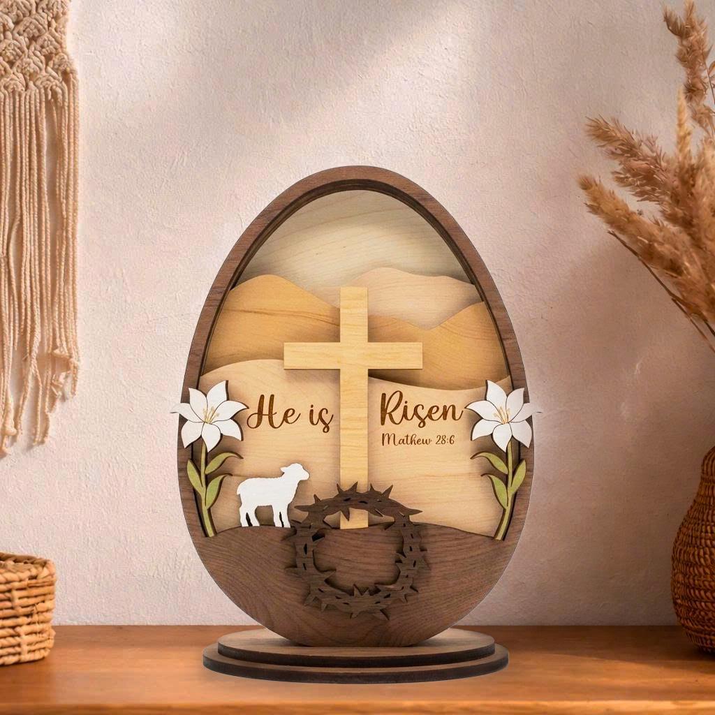 He is Risen Empty Tomb Wooden Block, Christian Easter Decor, He is Risen Wooden Easter Decor, 3D Layered Cross & Lily Sign, Matthew 28_6 Scripture Tabletop Plaque, Christian Gift