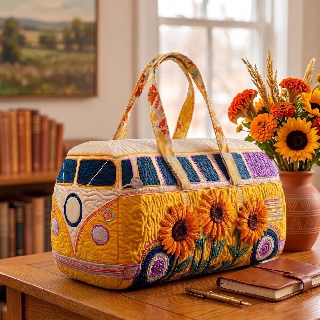 Sunflower Camper Quilted Duffle Bag, Boho Floral Weekender Bag, Travel Lover Gift, Camping Overnight Bag, Summer Road Trip Tote