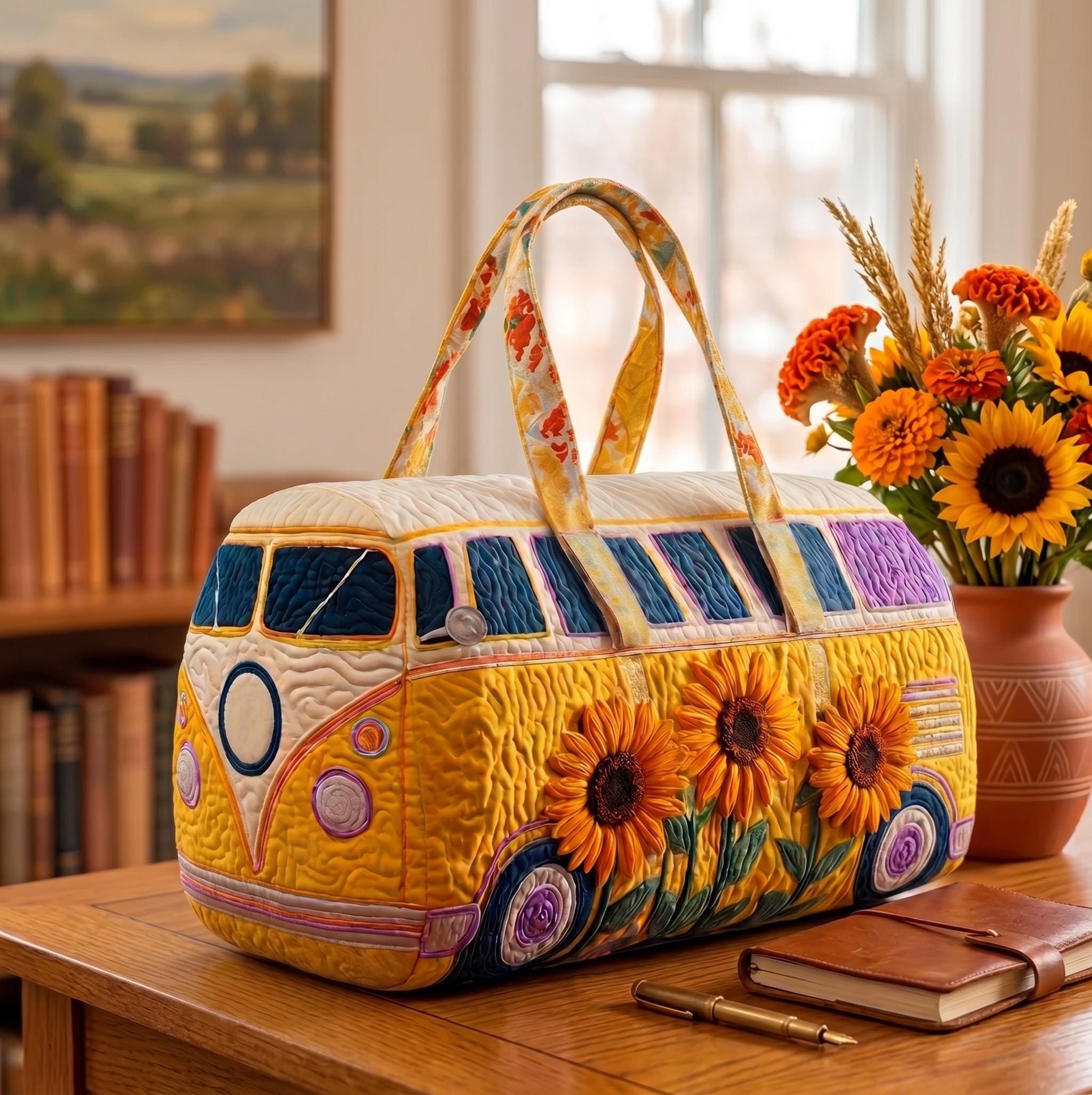 Sunflower Camper Quilted Duffle Bag, Boho Floral Weekender Bag, Travel Lover Gift, Camping Overnight Bag, Summer Road Trip Tote