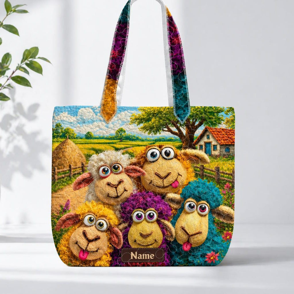 Quilted Sheep Tote Bag, Colorful Illustration Padded Shoulder Bag, Animal Lover Gift , Tote Bag Gift for Women