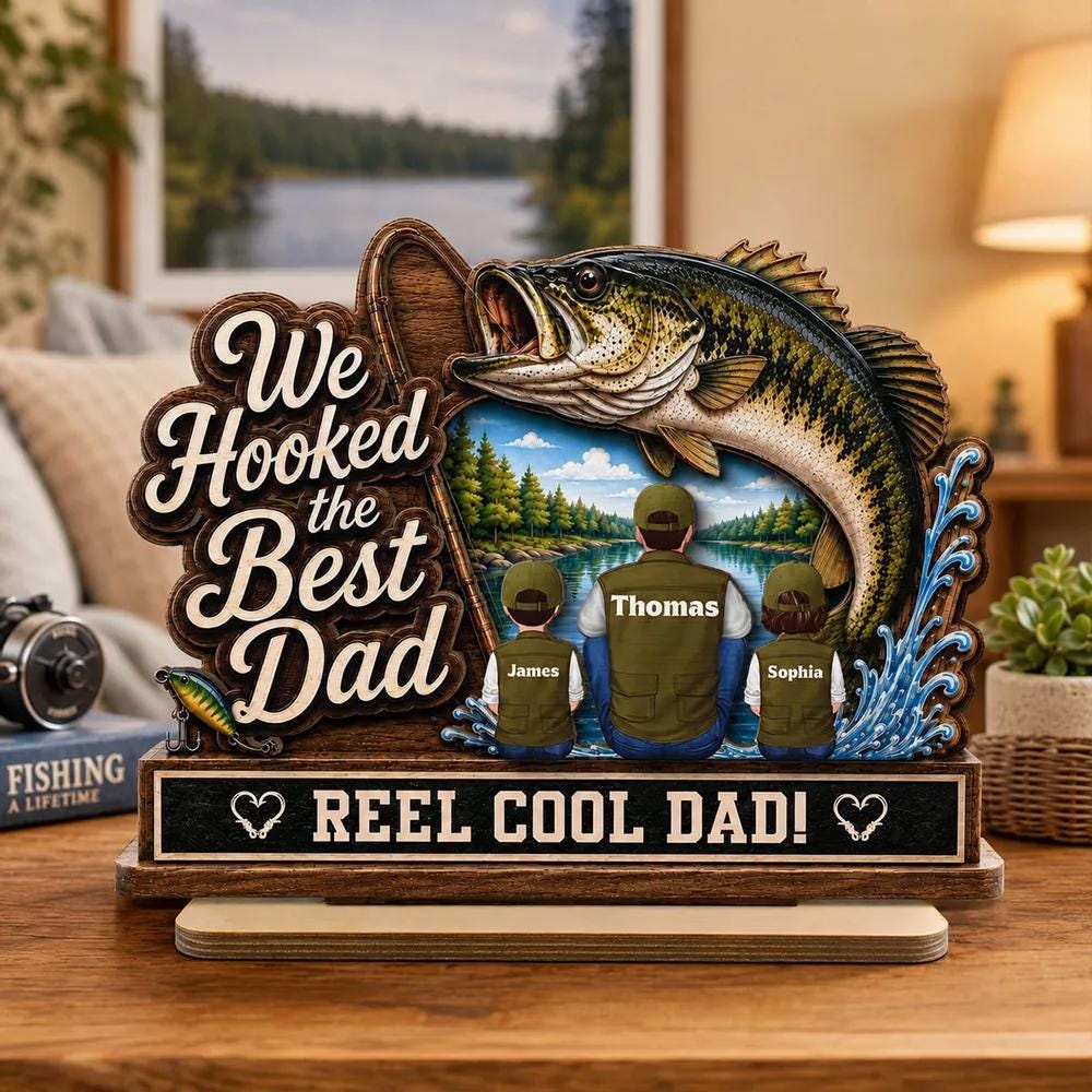 Personalized Fishing Dad Wood Sign, Custom Family Portrait, Reel Dad Plaque