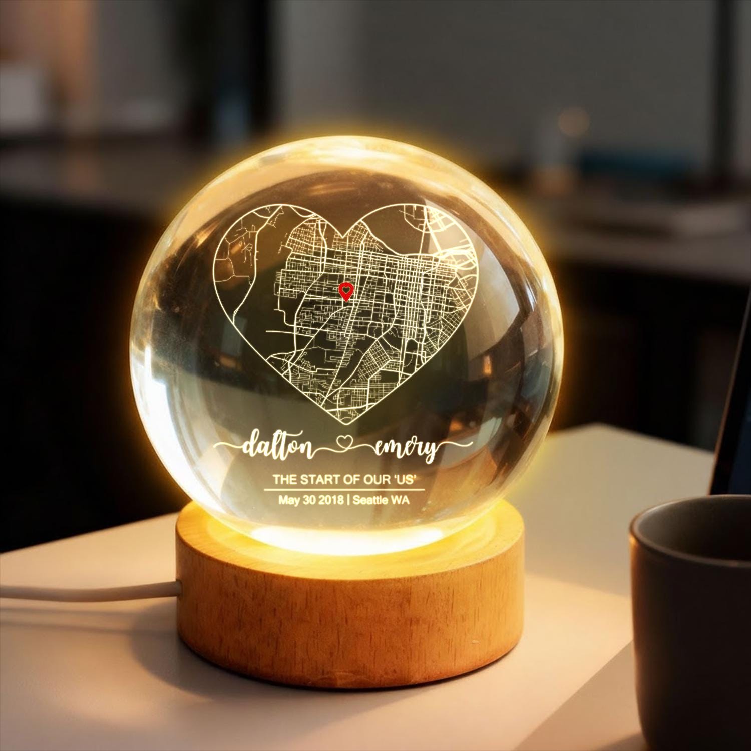 Custom Couple Map Crystal Ball LED Night Light, Personalized Where It All Began Location Gift, Romantic First Date Keepsake for Him or Her