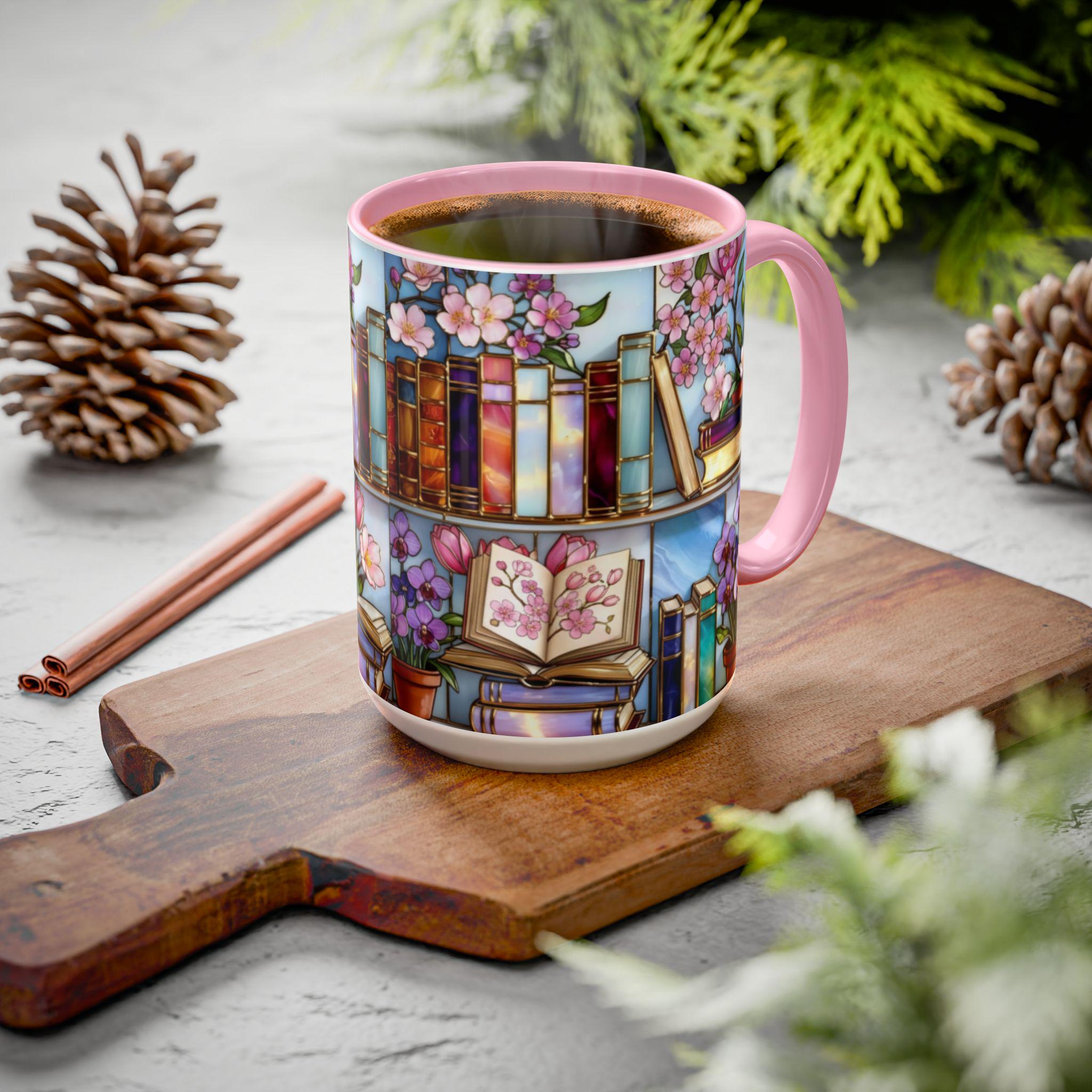 Book Lover Mug, Floral Bookshelf Coffee Mug, Gift for Readers, Stained Glass Style Mug, Bookish Aesthetic Mug, Library Coffee Cup