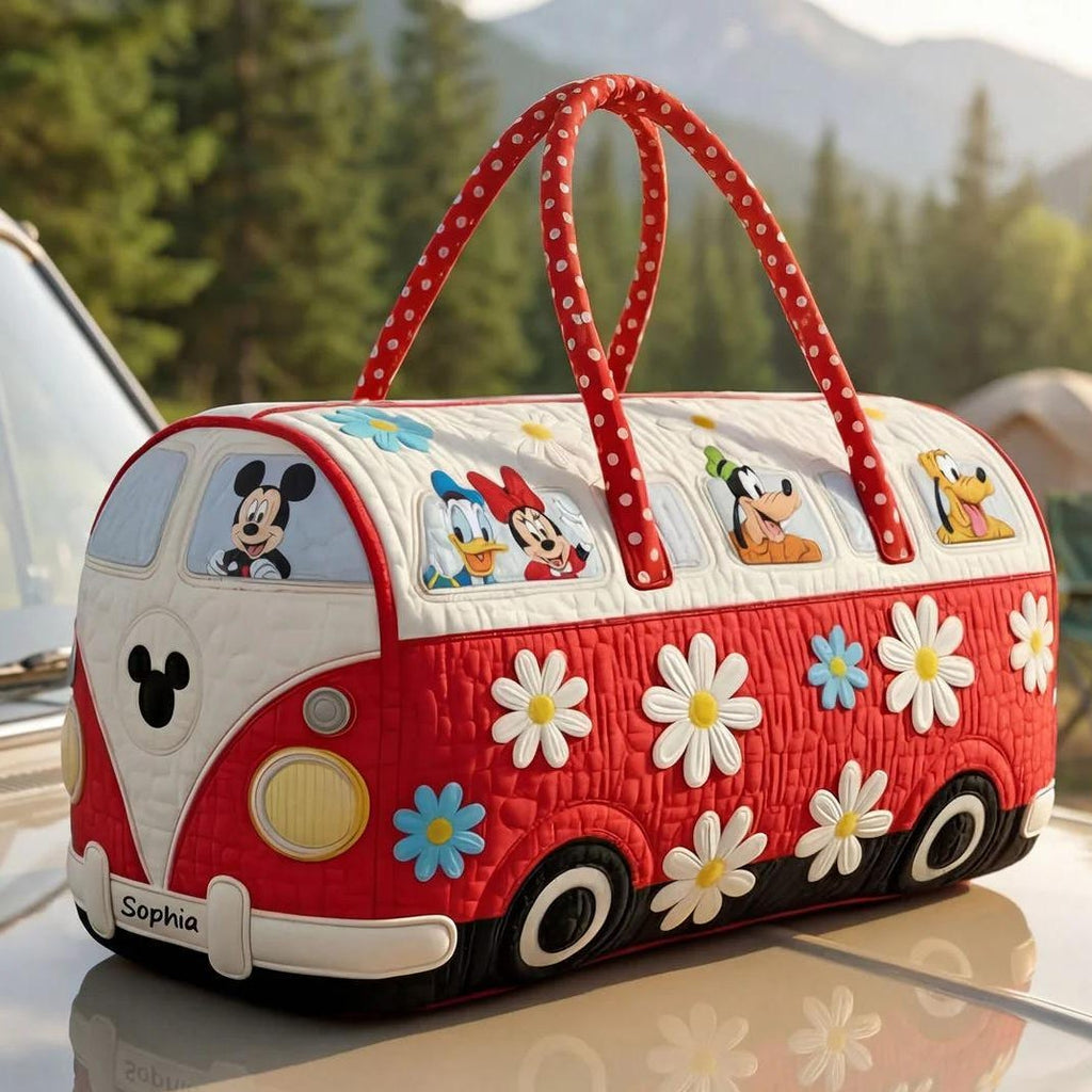 Personalized Quilted Duffle Bag – Mouse Friends Travel Weekender Tote, Custom Name Kids Overnight Bag, Cute Gift for Children