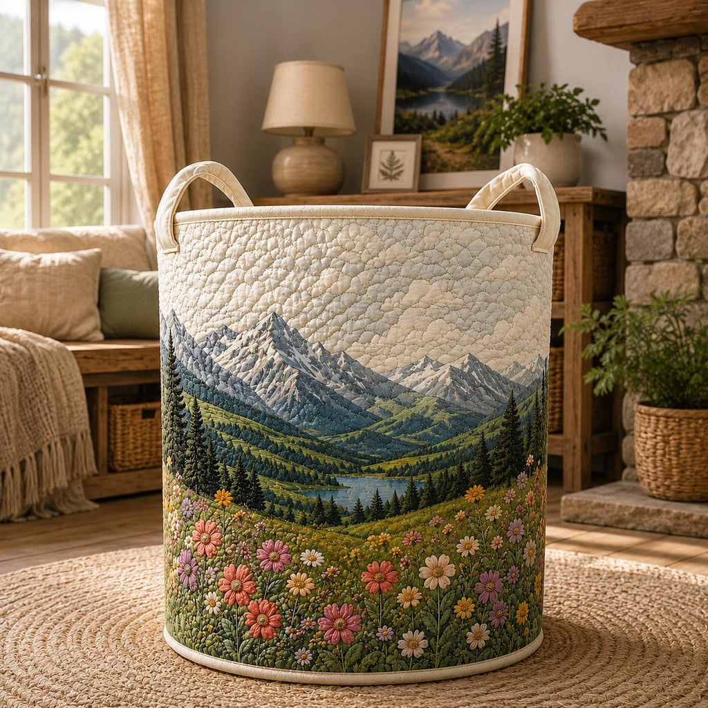 Mountain Wildflower Quilted Laundry Basket, Scenic Nature Clothes Hamper, Rustic Home Organizer Bin, Cozy Cabin Decor Gift