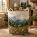 Mountain Wildflower Quilted Laundry Basket, Scenic Nature Clothes Hamper, Rustic Home Organizer Bin, Cozy Cabin Decor Gift. LBPETAL86