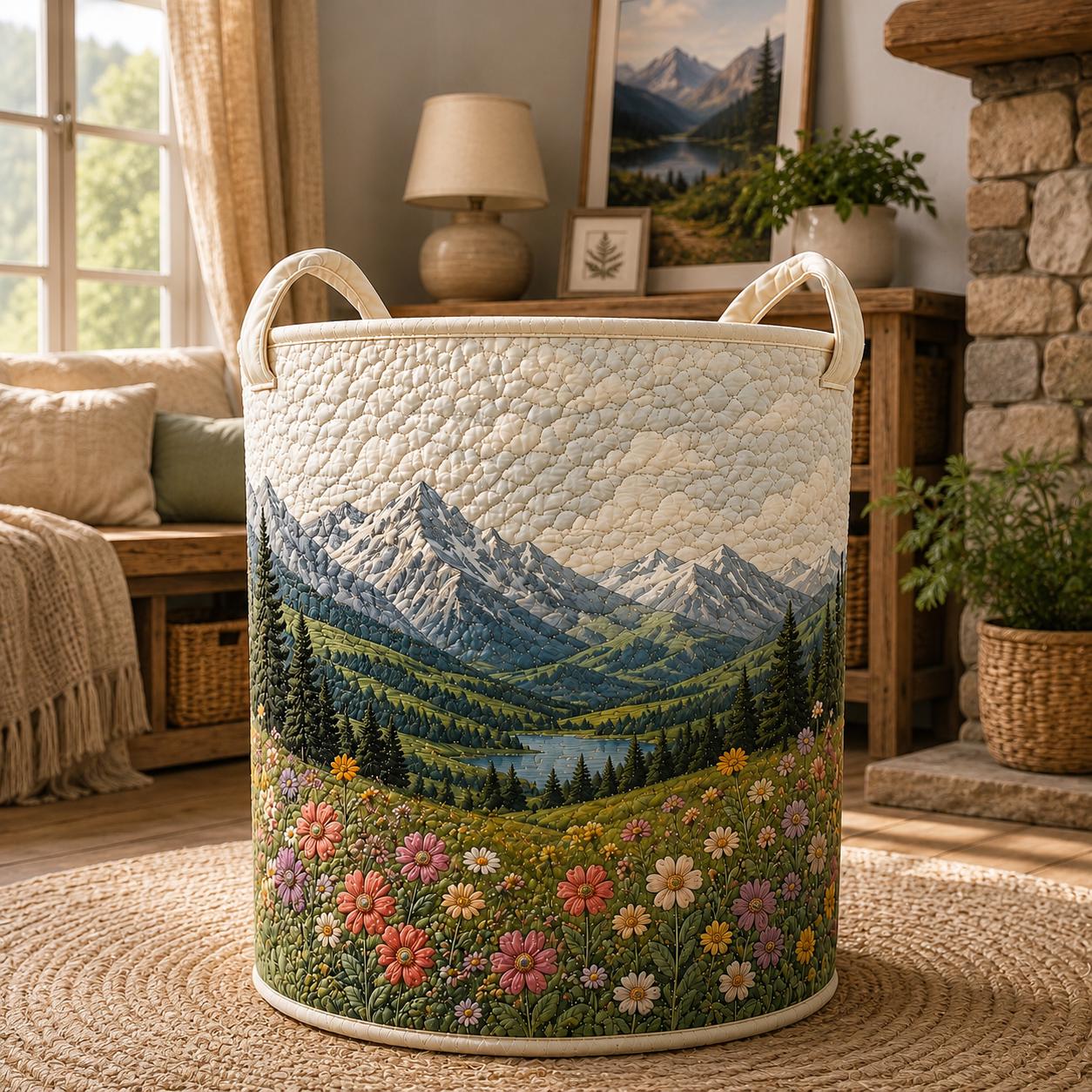 Mountain Wildflower Quilted Laundry Basket, Scenic Nature Clothes Hamper, Rustic Home Organizer Bin, Cozy Cabin Decor Gift