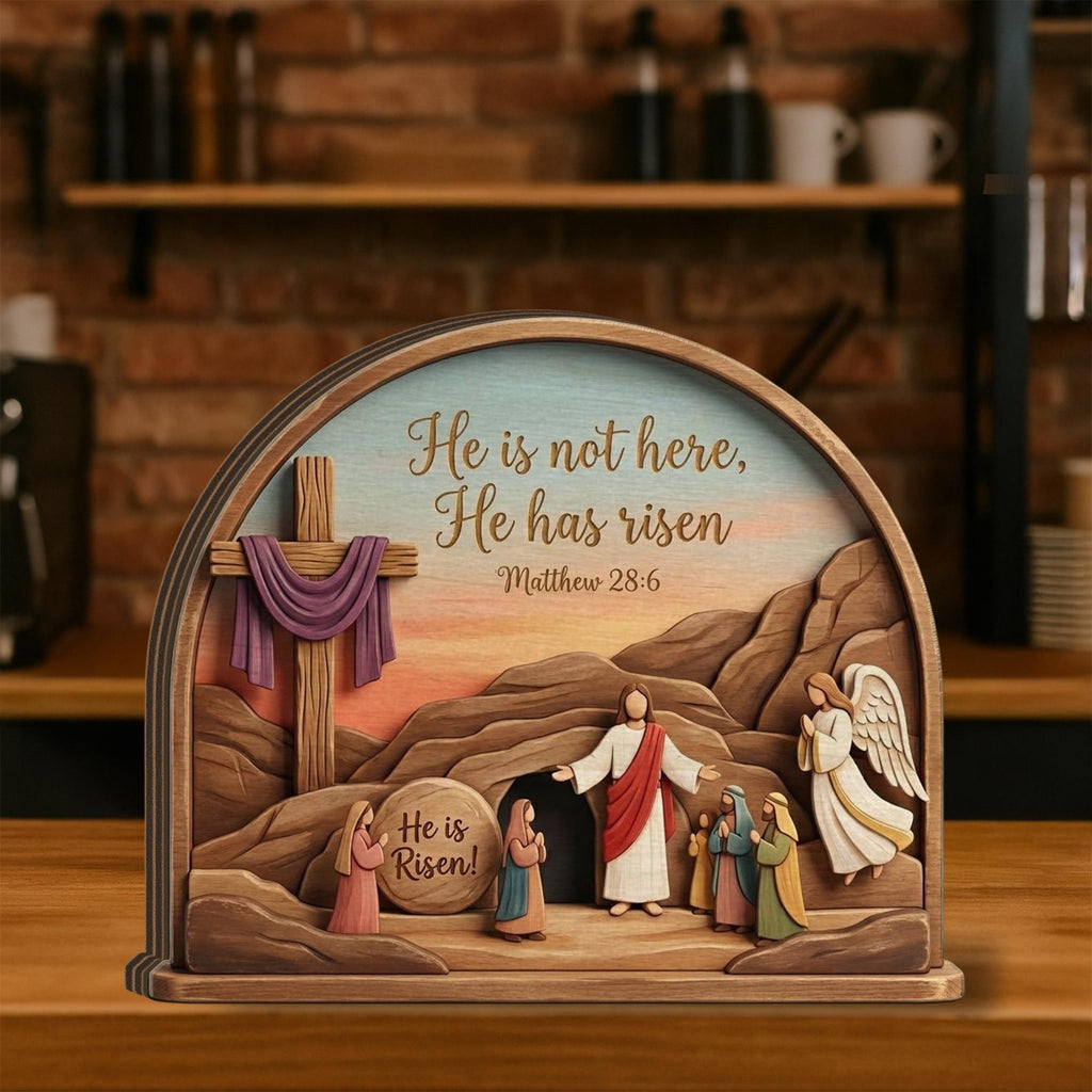 He is Risen Easter Decoration, Wooden Cross Tabletop Ornament, He is Risen Wood Sign_ Jesus Resurrection Scene, Easter Decor