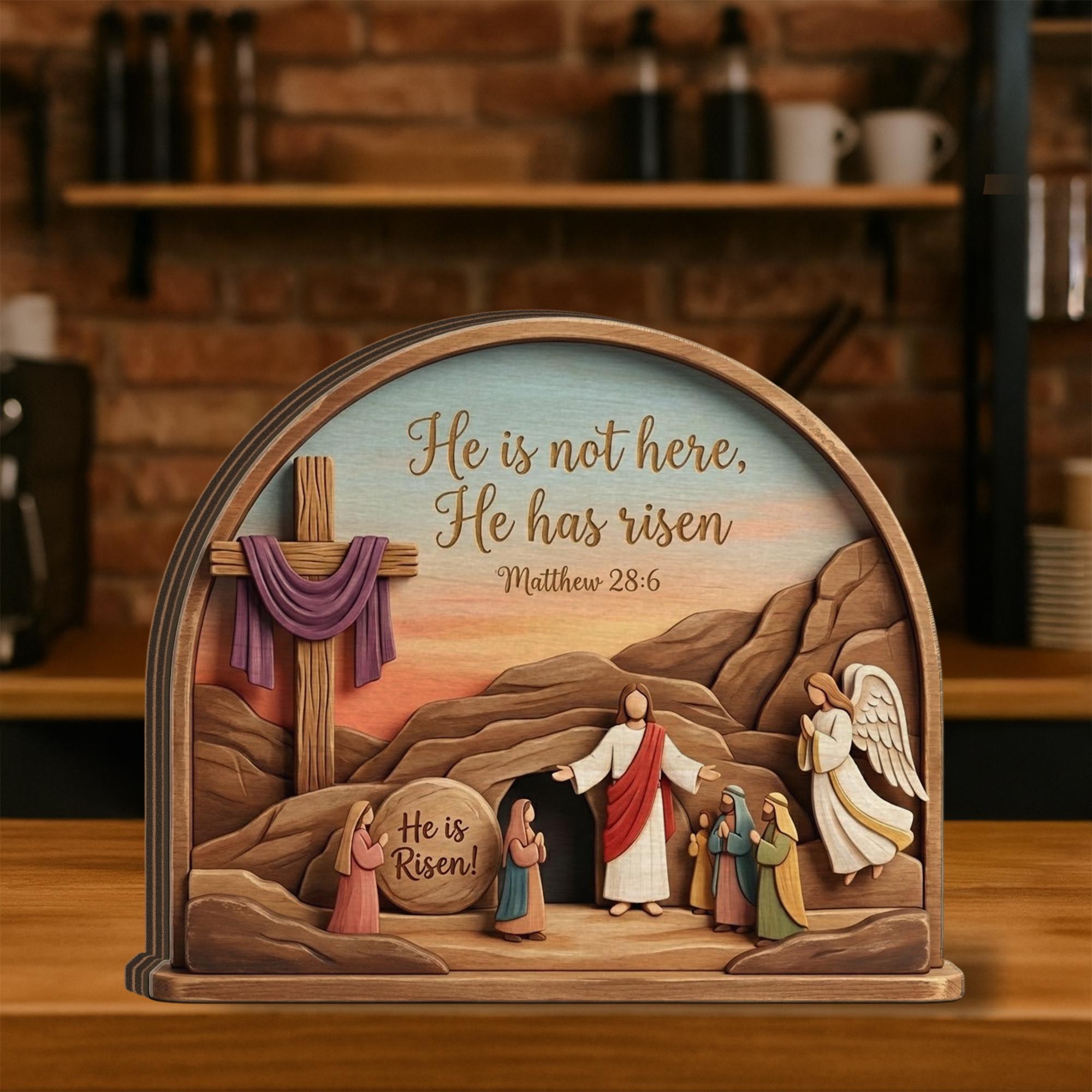 He is Risen Easter Decoration, Wooden Cross Tabletop Ornament, He is Risen Wood Sign_ Jesus Resurrection Scene, Easter Decor