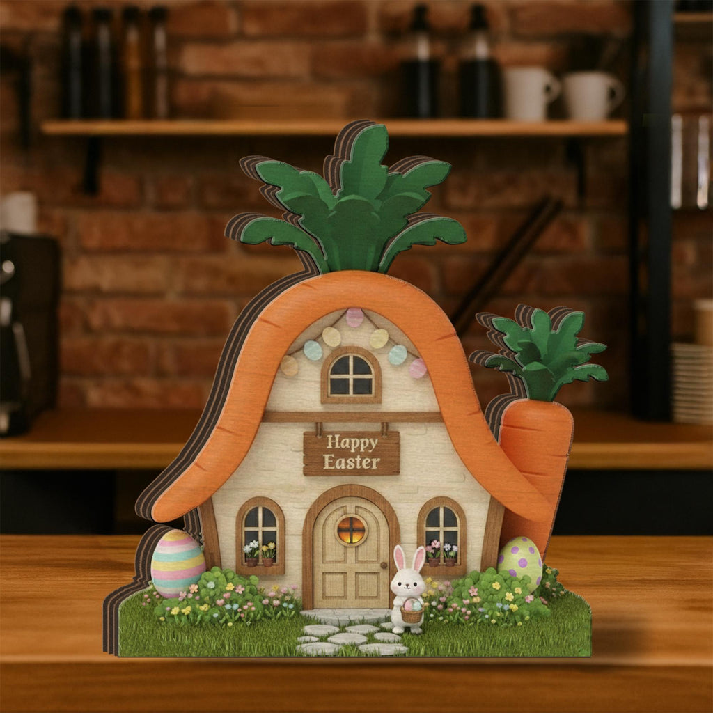 Wooden Block Easter Carrot House Decor, Layered Spring Bunny Cottage Sign