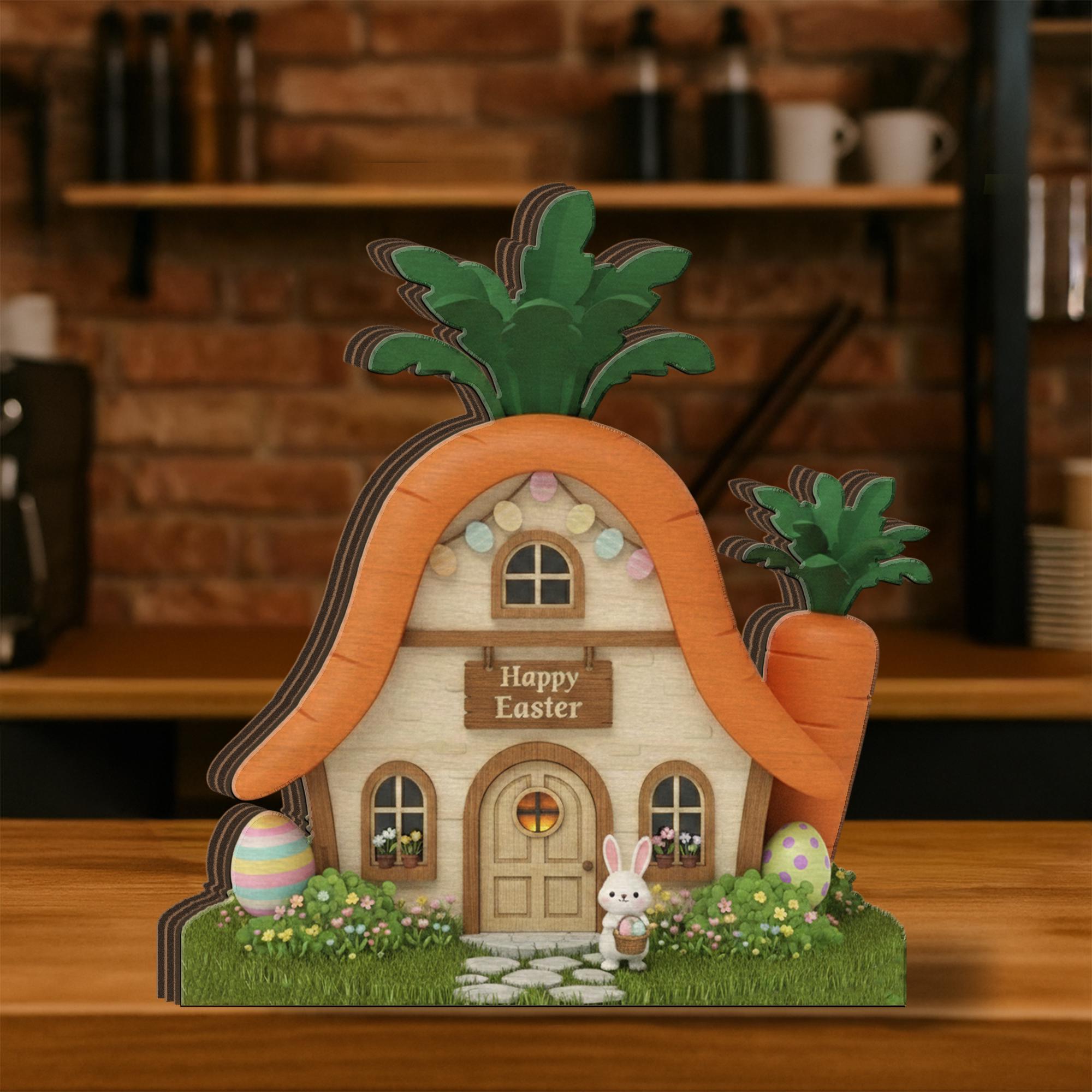 Wooden Block Easter Carrot House Decor, Layered Spring Bunny Cottage Sign