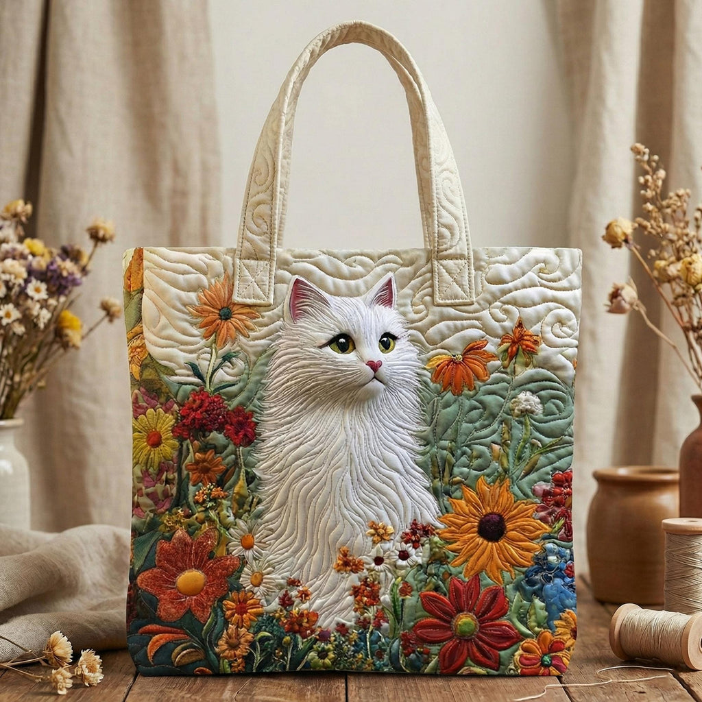 Quilted Cat Tote Bag, White Persian Cat Handbag, Floral Applique Purse, Botanical Garden Bag, Gift for Cat Mom, Handmade Shoulder Bag